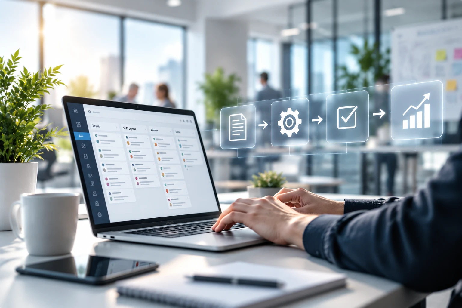 Laptop mit Kanban-Board, daneben Prozessschritte Dokument, Zahnrad, Häkchen, Wachstum